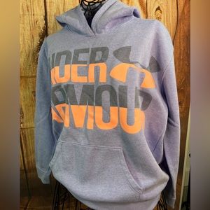 Under Armour YXL heather Blue with under Armour in orange and navy dots.